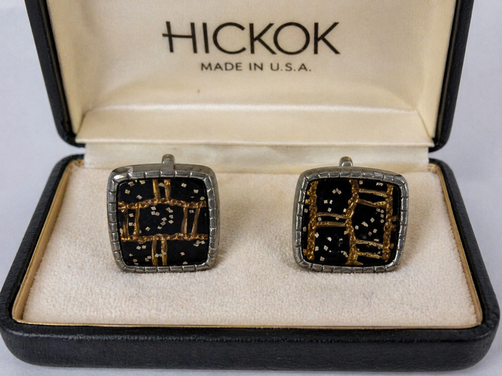 Vintage HICKOK USA Black Gold Enamel Silver Tone Abstract Cufflinks Mid Century